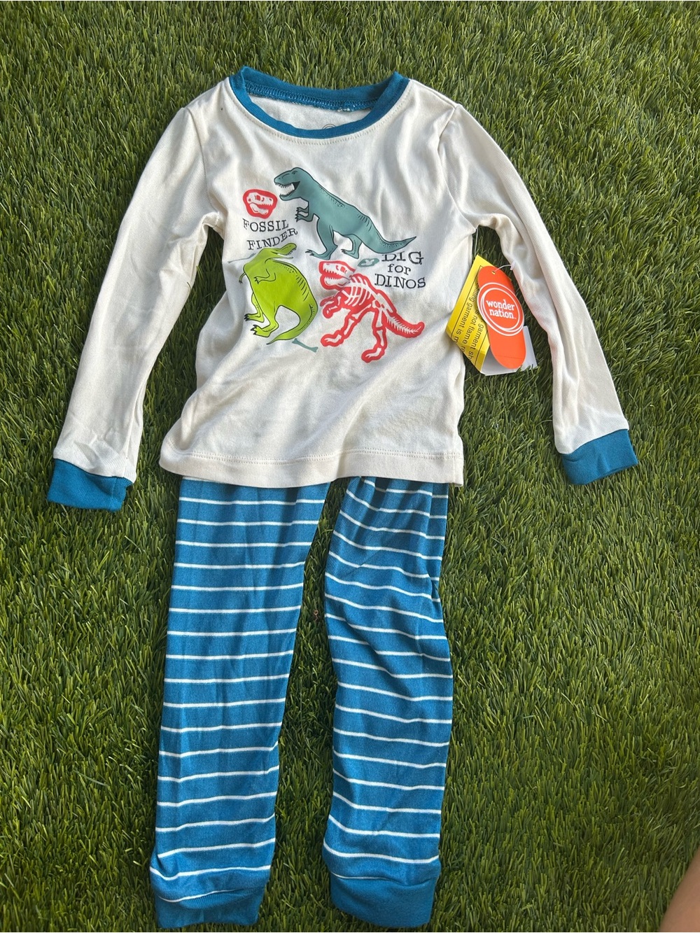 wonder nation White Long Sleeve Dino Pajama Set with Teal and Blue